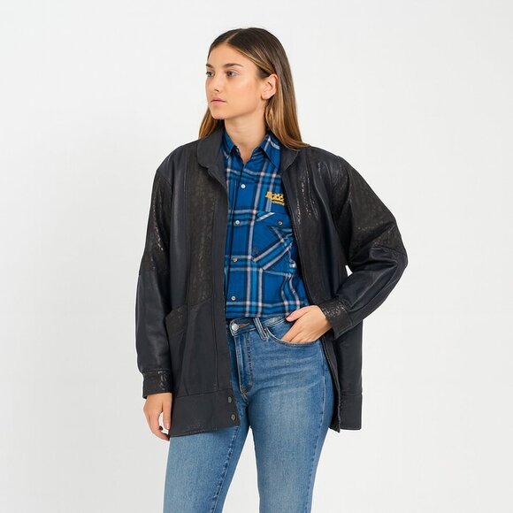 Vtg Oscar Leopold Deep Navy Animal Print Panels Retro Genuine Leather Jacket P/S - Picture 10 of 11